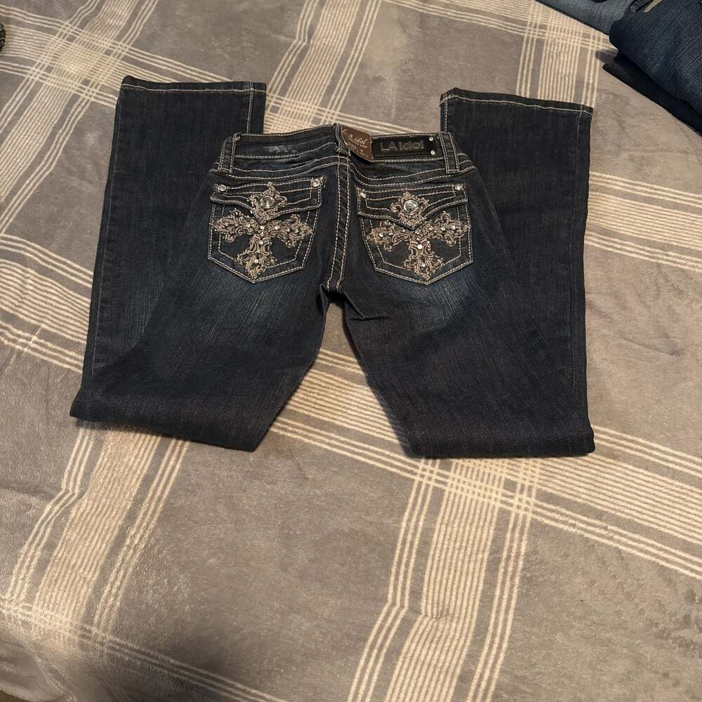 LA Idol Bootcut Jeans Rhinestone Embellished Flap Pockets